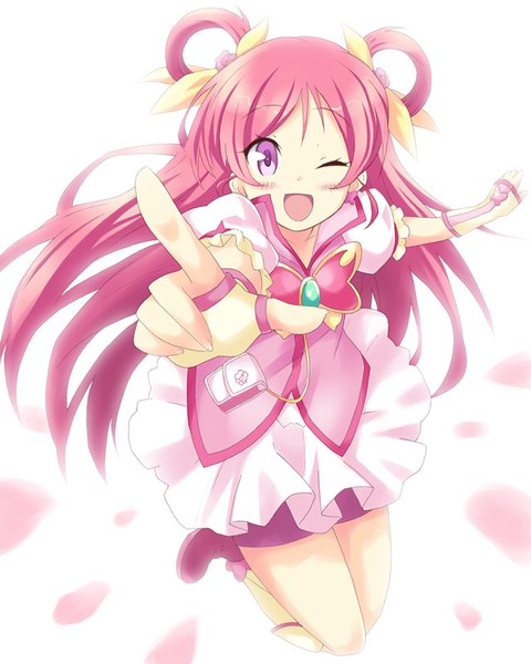 Anime picture 640x800 with precure yes! precure 5 toei animation yumehara nozomi cure dream dekosuke single long hair tall image looking at viewer blush open mouth white background pink hair pink eyes one eye closed wink jumping hair rings magical girl