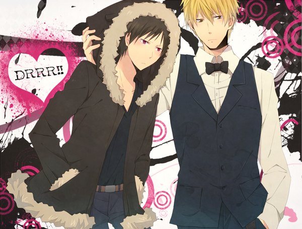 Anime picture 1320x1000 with durarara!! brains base (studio) orihara izaya heiwajima shizuo kaba (artist) blush short hair black hair blonde hair brown eyes pink eyes inscription hand in pocket hands in pockets boy shirt heart bowtie hood vest