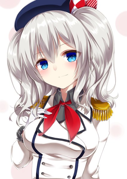 Anime picture 2507x3541 with kantai collection kashima training cruiser single long hair tall image looking at viewer blush highres blue eyes simple background white background twintails silver hair girl sailor suit epaulettes