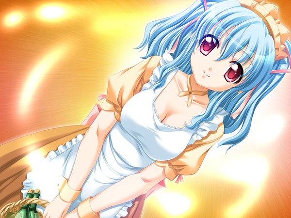 Anime picture 1200x900 with light erotic red eyes blue hair game cg maid girl ribbon (ribbons)