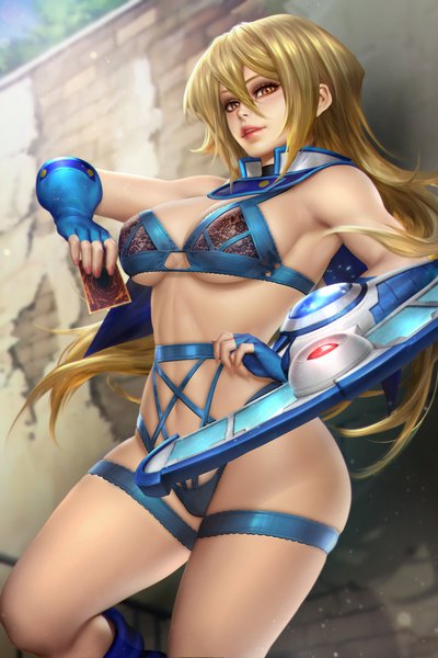 Anime picture 2400x3597 with yu-gi-oh! yu-gi-oh! gx tenjouin asuka nudtawut thongmai single long hair tall image looking at viewer fringe highres breasts light erotic blonde hair hair between eyes large breasts standing holding brown eyes outdoors nail polish