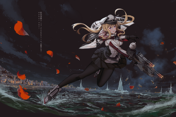 イラスト 2000x1333 と 艦隊これくしょん グラーフ・ツェッペリン(艦隊これくしょん) セキガン ソロ 長髪 カメラ目線 赤面 highres 金髪 紫目 ツインテール holding parted lips pleated skirt night night sky floating hair leg lift (legs lift) 女の子 スカート