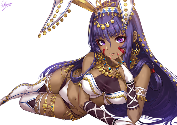Anime picture 1414x1000 with fate (series) fate/grand order nitocris (fate) sakiyamama single long hair looking at viewer blush fringe breasts light erotic simple background smile hair between eyes white background purple eyes bare shoulders signed animal ears payot