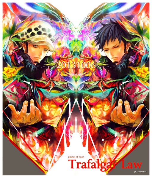 Anime picture 1736x2039 with one piece toei animation trafalgar law tsuyomaru tall image highres short hair black hair signed blue hair eyes closed inscription orange eyes tattoo outstretched arm framed dual persona boy flower (flowers) hat