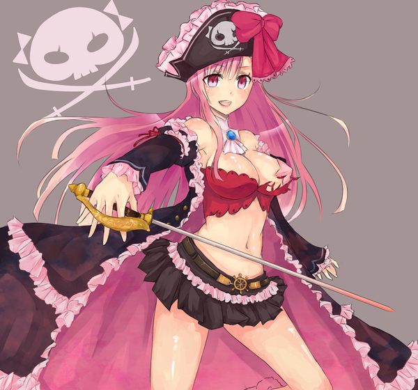 Anime picture 1280x1195 with queen's blade queen's blade rebellion captain liliana sake (artist) single long hair blush breasts light erotic simple background large breasts pink hair pink eyes grey background girl navel weapon miniskirt pirate hat epee