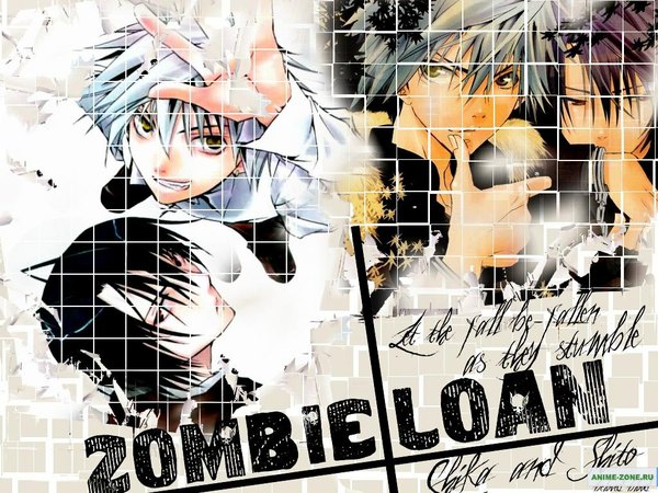 Anime picture 1024x768 with zombie loan akatsuki chika tachibana shito short hair brown eyes yellow eyes purple hair white hair from above inscription multiple boys copyright name finger to mouth multiview boy handcuffs