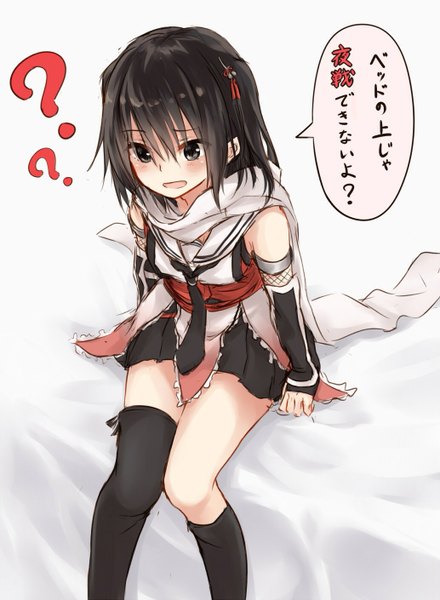 Anime picture 1034x1410 with kantai collection sendai light cruiser azuuru single tall image blush short hair open mouth black hair sitting bare shoulders black eyes arm support two side up embarrassed looking down ? girl thighhighs skirt