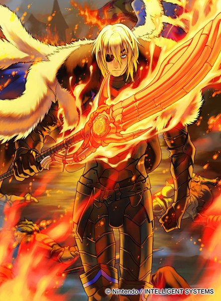 Anime picture 596x811 with fire emblem fire emblem: three houses nintendo dimitri alexandre blaiddyd senri kita single tall image looking at viewer fringe short hair blue eyes blonde hair hair between eyes standing holding serious glowing weapon boy weapon armor