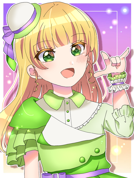 Anime picture 768x1024 with hello!!! love live! sunrise (studio) love live! heanna sumire kyaku tasu single long hair tall image looking at viewer blush fringe open mouth blonde hair smile green eyes upper body blunt bangs :d gradient background border