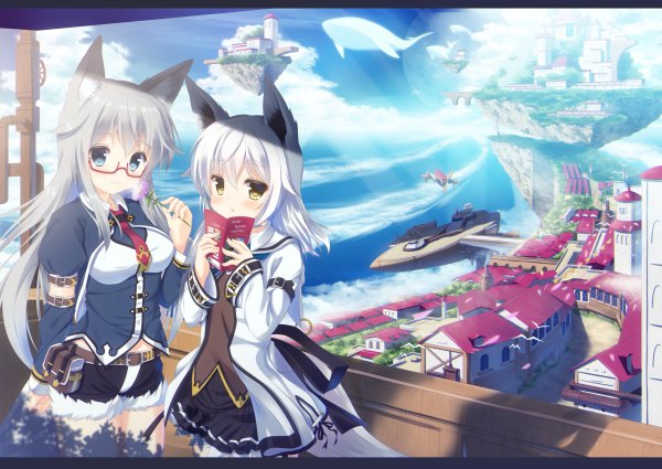 Anime picture 1200x850 with original misaki yuu (dstyle) long hair blush blue eyes multiple girls brown eyes animal ears sky cloud (clouds) white hair grey hair girl 2 girls animal glasses necktie book (books) whale