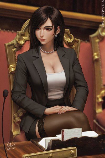 Anime picture 866x1300 with final fantasy final fantasy vii square enix tifa lockhart sciamano240 single long hair tall image blush fringe breasts black hair smile red eyes large breasts sitting signed looking away cleavage indoors