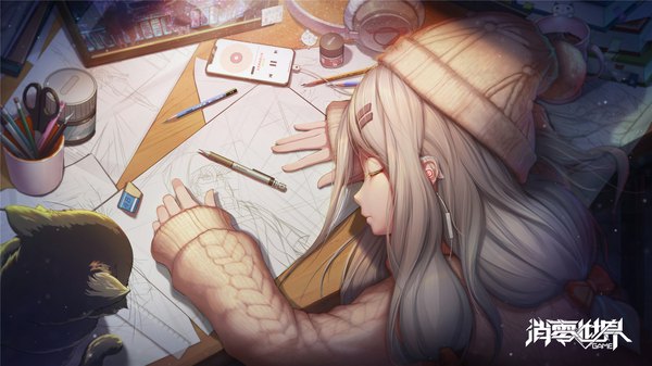 Anime picture 1920x1080 with vgame lily (vgame) single long hair highres wide image eyes closed long sleeves grey hair official art wallpaper copyright name sleeping drawing girl bow hair bow hat animal headphones