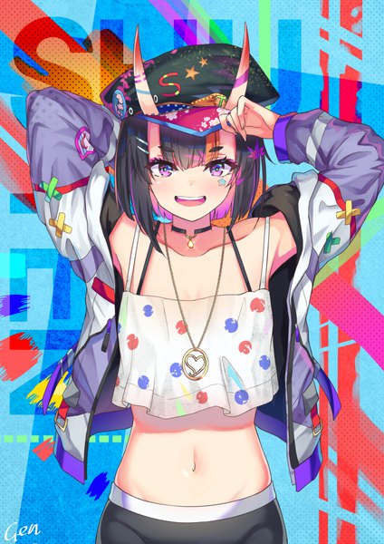 Anime picture 778x1100 with fate (series) fate/grand order shuten douji (fate) cenangam single tall image looking at viewer blush fringe short hair open mouth black hair smile hair between eyes standing purple eyes bare shoulders signed :d horn (horns)