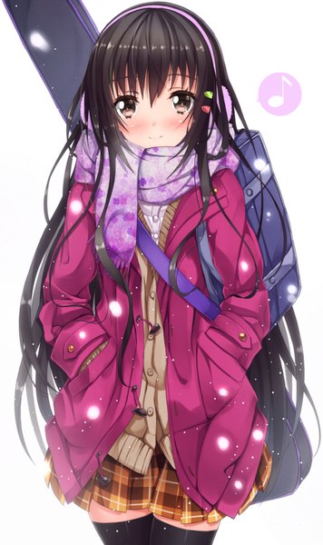 Anime picture 856x1440 with original swordsouls single tall image blush black hair simple background white background brown eyes very long hair snowing girl thighhighs skirt black thighhighs jacket scarf sweater earmuffs