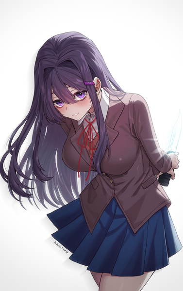 Anime picture 800x1273 with doki doki literature club yuri (doki doki literature club) prodonyang single long hair tall image looking at viewer blush fringe breasts simple background smile hair between eyes large breasts standing white background purple eyes holding signed payot
