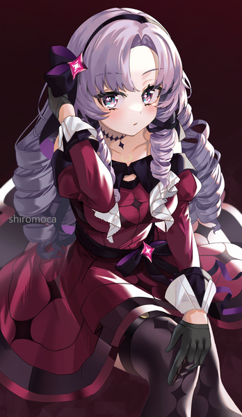 Anime picture 2324x4009 with virtual youtuber nijisanji hyakumantenbara salome hyakumantenbara salome (1st costume) shiromoca single long hair tall image looking at viewer highres simple background purple eyes signed purple hair drill hair dark background girl thighhighs dress gloves