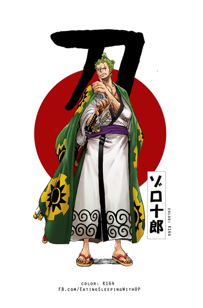 Anime-Bild 1200x1823 mit one piece toei animation roronoa zoro k164 single tall image short hair simple background standing white background signed looking away full body traditional clothes japanese clothes one eye closed green hair black eyes piercing hieroglyph