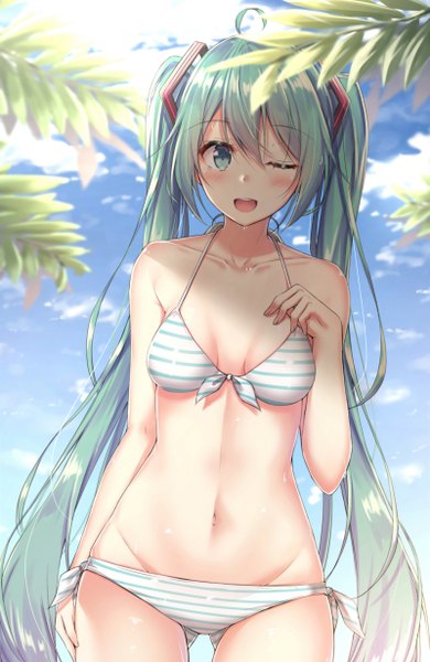 Anime picture 800x1230 with vocaloid hatsune miku akira (been0328) single long hair tall image looking at viewer blush fringe breasts open mouth light erotic smile hair between eyes standing twintails bare shoulders payot sky cleavage