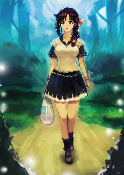 Anime picture 2480x3508 with original okuto single long hair tall image looking at viewer fringe highres breasts open mouth blue eyes black hair holding full body outdoors braid (braids) short sleeves single braid walking surprised