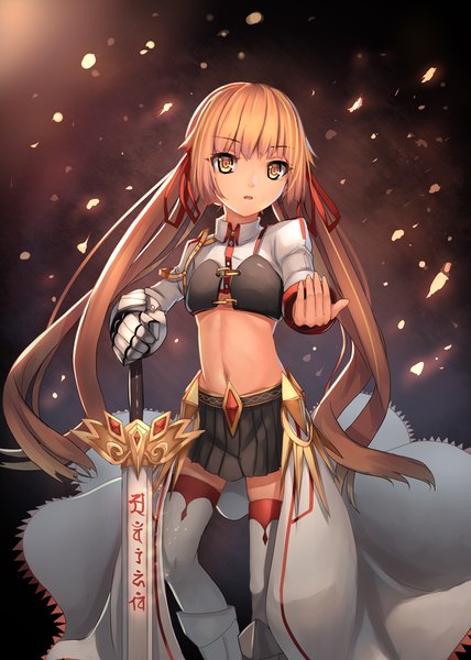 Anime picture 800x1120 with original musynexsk single long hair tall image looking at viewer brown hair standing twintails yellow eyes midriff low twintails dark background girl thighhighs skirt gloves navel ribbon (ribbons) weapon