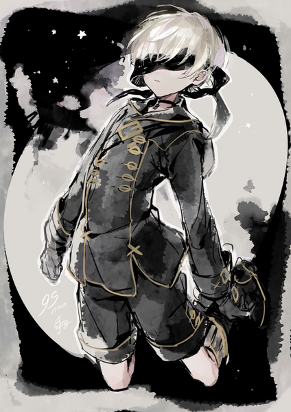 Anime picture 1240x1754 with nier nier:automata yorha no. 9 type s shimogu single tall image short hair signed full body white hair character names blindfold boy shorts