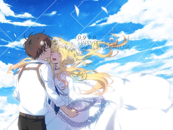 Anime picture 1331x1000 with aldnoah.zero a-1 pictures asseylum vers allusia kaizuka inaho ita long hair blush fringe short hair blonde hair sky cloud (clouds) outdoors multicolored hair hair flower from behind wide sleeves character names back holding hands