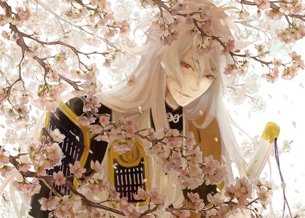 Anime picture 1400x1000 with touken ranbu nitroplus kogitsunemaru noffu single long hair looking at viewer red eyes white background white hair parted lips head tilt light smile cherry blossoms boy uniform flower (flowers) weapon plant (plants) petals