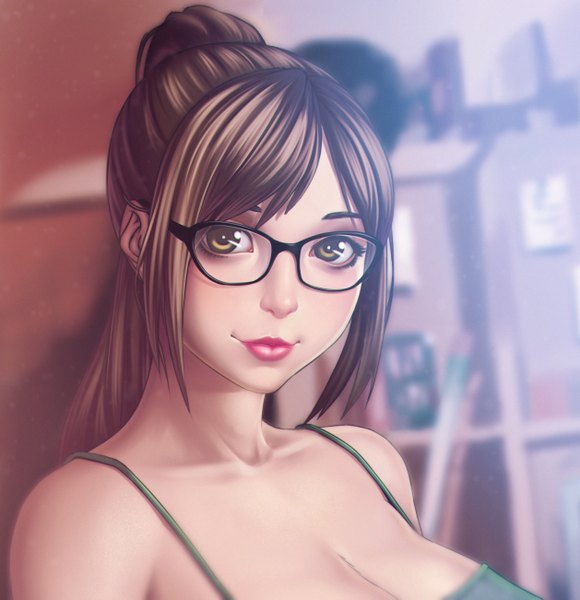 Anime picture 2515x2602 with nikita varb single long hair tall image looking at viewer highres brown hair bare shoulders yellow eyes lips girl glasses