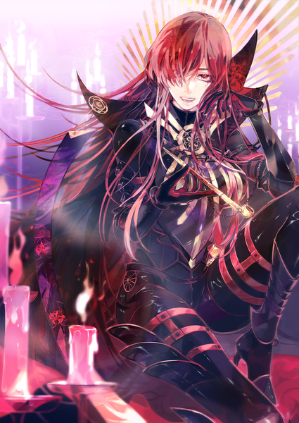 Anime-Bild 1000x1412 mit fate (series) fate/grand order oda nobunaga (fate) (all) oda nobunaga (maou avenger) (fate) akizora (akinohara) single long hair tall image looking at viewer fringe open mouth red eyes sitting red hair :d hair over one eye girl gloves candle (candles) multicolored gloves