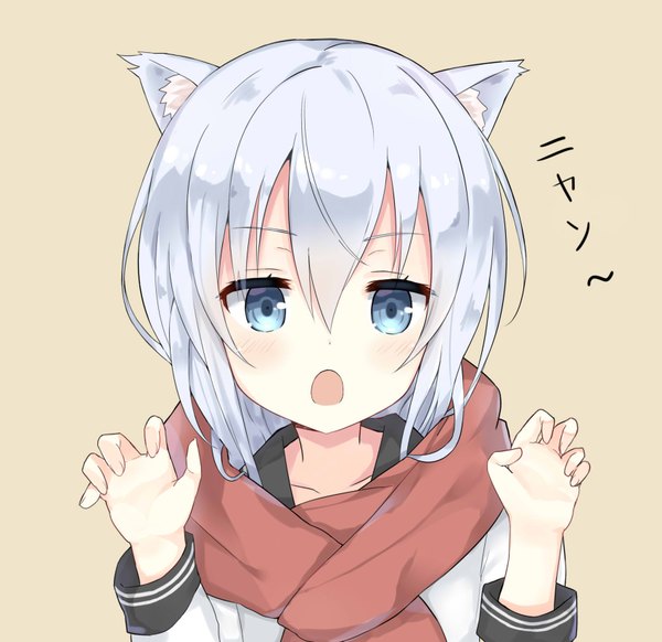 Anime picture 1700x1650 with kantai collection hibiki destroyer huwari (dnwls3010) single long hair looking at viewer blush fringe open mouth blue eyes simple background hair between eyes animal ears silver hair upper body cat ears :o cat girl brown background kemonomimi mode
