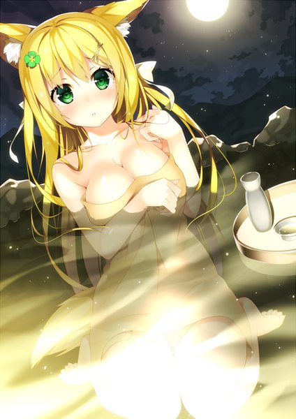 Anime picture 693x981 with original hatsuki kaname single long hair tall image looking at viewer blush fringe breasts light erotic blonde hair large breasts sitting bare shoulders green eyes animal ears cloud (clouds) bent knee (knees) parted lips barefoot