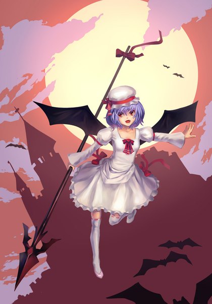 Anime picture 1000x1429 with touhou remilia scarlet tagme (artist) single tall image looking at viewer short hair red eyes purple hair cloud (clouds) teeth bat wings girl thighhighs dress weapon white thighhighs wings shoes moon