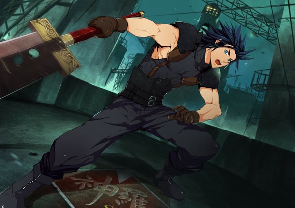 Anime picture 3508x2480 with final fantasy final fantasy vii square enix zack fair tagme (artist) single highres short hair open mouth blue eyes black hair absurdres night spiked hair boy gloves weapon sword belt