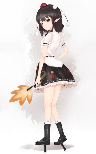 Anime picture 1216x1944 with touhou shameimaru aya kanpa (campagne 9) single tall image looking at viewer short hair black hair simple background red eyes standing full body looking back pointy ears from behind grey background short sleeves frilly skirt girl frills