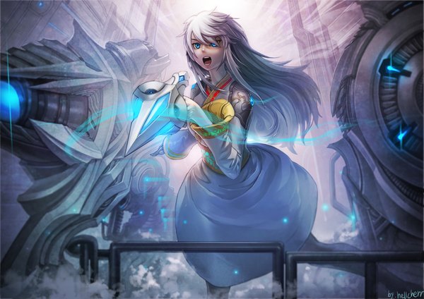 Anime picture 4169x2953 with hellcherr single long hair fringe highres open mouth blue eyes signed absurdres white hair wide sleeves glow screaming girl dress detached sleeves
