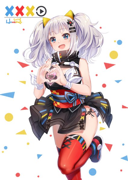 Anime picture 900x1271 with virtual youtuber the moon studio kaguya luna haneru single long hair tall image looking at viewer blush fringe open mouth blue eyes light erotic simple background smile standing white background twintails bare shoulders signed