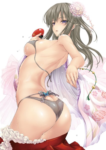 Anime picture 800x1131 with original kizuki aruchu single long hair tall image blush fringe light erotic purple eyes ass open clothes wet arched back shiny transparent girl hair ornament flower (flowers) swimsuit bikini