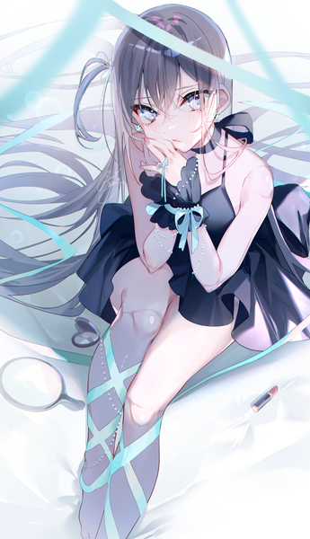 Anime picture 940x1637 with original miwano rag single tall image looking at viewer blush fringe blue eyes hair between eyes sitting bare shoulders signed very long hair from above grey hair sleeveless one side up hands clasped girl dress