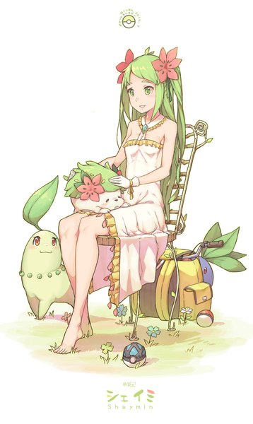 Anime picture 1116x1871 with pokemon nintendo shaymin chikorita oddish cloba single long hair tall image breasts simple background smile white background sitting bare shoulders green eyes signed looking away parted lips barefoot