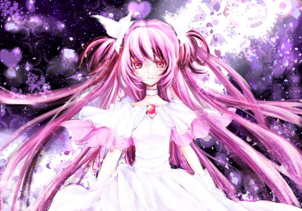 Anime picture 1400x980 with mahou shoujo madoka magica shaft (studio) kaname madoka goddess madoka cyan (myumyunanaco) single long hair pink hair pink eyes two side up girl dress heart gears