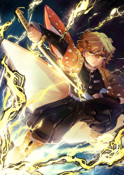 Anime picture 1063x1505 with kimetsu no yaiba ufotable agatsuma zenitsu cluseller single tall image looking at viewer fringe short hair blonde hair hair between eyes standing holding yellow eyes traditional clothes japanese clothes eyebrows fighting stance electricity unsheathing