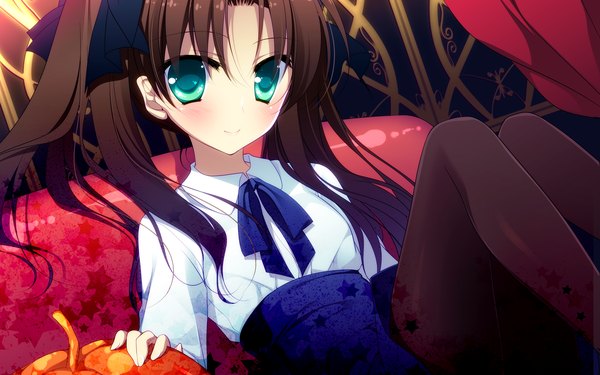 Anime picture 1920x1200 with fate (series) fate/stay night studio deen type-moon toosaka rin motomiya mitsuki single long hair looking at viewer blush highres smile brown hair wide image twintails green eyes girl bow hair bow