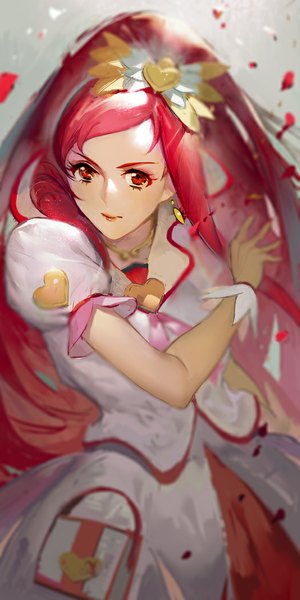 Anime picture 525x1050 with precure smile precure! dokidoki! precure toei animation madoka aguri cure ace ekao single long hair tall image looking at viewer smile red eyes ponytail red hair happy magical girl girl hair ornament earrings