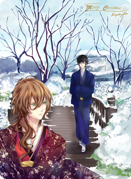 Anime picture 1024x1396 with original chisachan2010 long hair tall image short hair black hair brown hair standing green eyes sky traditional clothes japanese clothes black eyes multiple boys couple wavy hair winter snow nature hands in sleeves