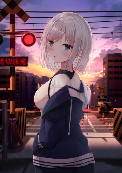 Anime-Bild 1062x1505 mit original touhourh single tall image looking at viewer blush fringe short hair breasts open mouth blue eyes standing sky cloud (clouds) outdoors white hair looking back off shoulder city evening