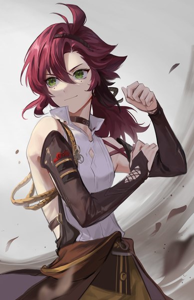 Anime picture 1500x2311 with genshin impact shikanoin heizou ojae (waternaeng) single long hair tall image fringe smile hair between eyes green eyes looking away upper body red hair mole mole under eye low ponytail boy detached sleeves