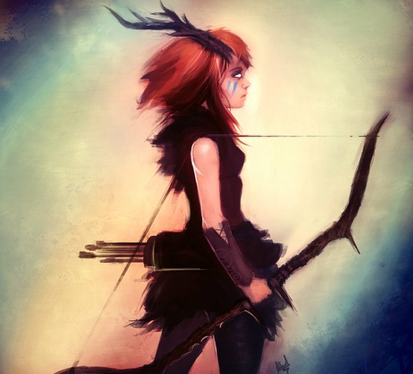 Anime picture 1024x928 with original artisticphenom single long hair blue eyes simple background standing holding red hair profile horn (horns) sleeveless silver eyes face paint girl weapon pantyhose bow (weapon) arrow (arrows)