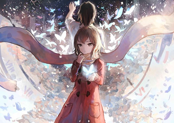 Anime picture 3508x2480 with boku dake ga inai machi a-1 pictures hinazuki kayo fujinuma satoru sishenfan highres short hair brown hair brown eyes looking away absurdres from behind outstretched arm back to back butterfly on hand girl boy scarf insect butterfly