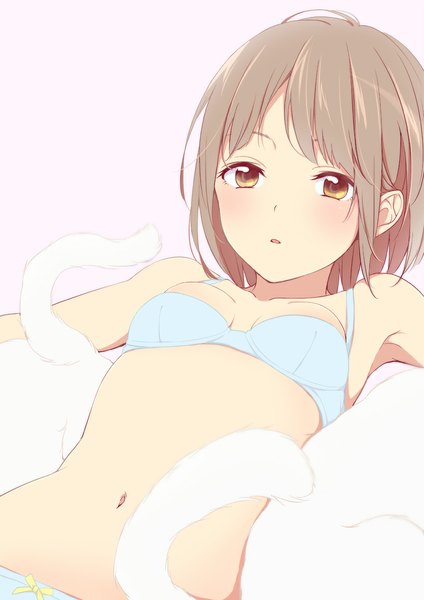 Anime picture 827x1169 with original teti single tall image blush short hair open mouth light erotic simple background brown hair brown eyes lying underwear only spread arms pink background girl underwear panties animal lingerie