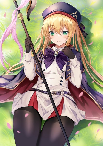 Anime picture 700x990 with fate (series) fate/grand order artoria pendragon (all) artoria caster (fate) harimoji single long hair tall image blush fringe blonde hair smile hair between eyes twintails green eyes lying shadow on back thigh gap girl